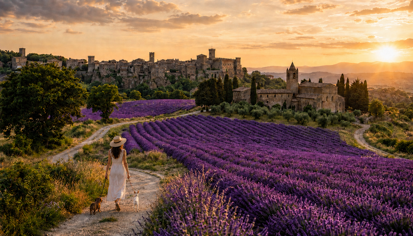 Campi di lavanda in fiore lungo un sentiero verso un borgo di tufo della Tuscia al tramonto, con una donna che passeggia con due cani